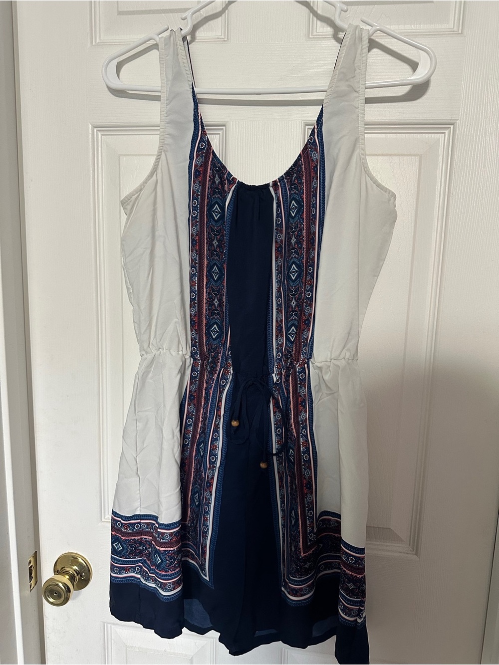Maurice’s White & Navy Sleeveless Boho Tie-Waist romper